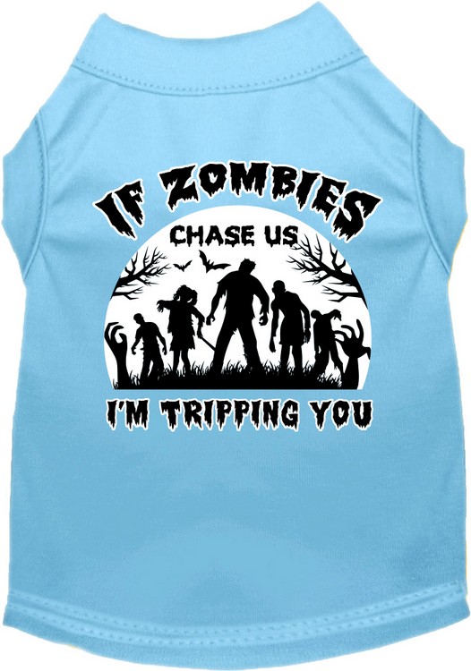 If Zombies Chase Us Screen Print Dog Shirt Baby Blue Size XS